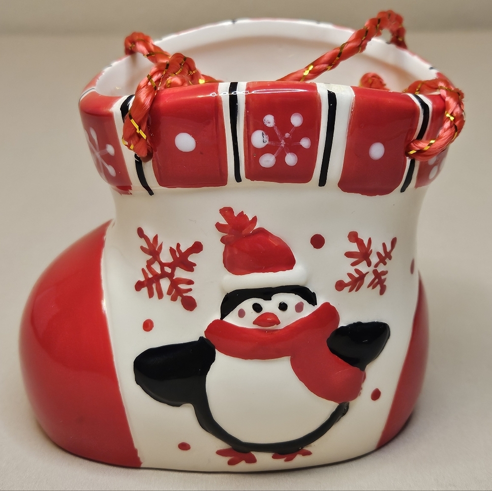Penguin Christmas Boot Stocking Basket Candy Dish - Used